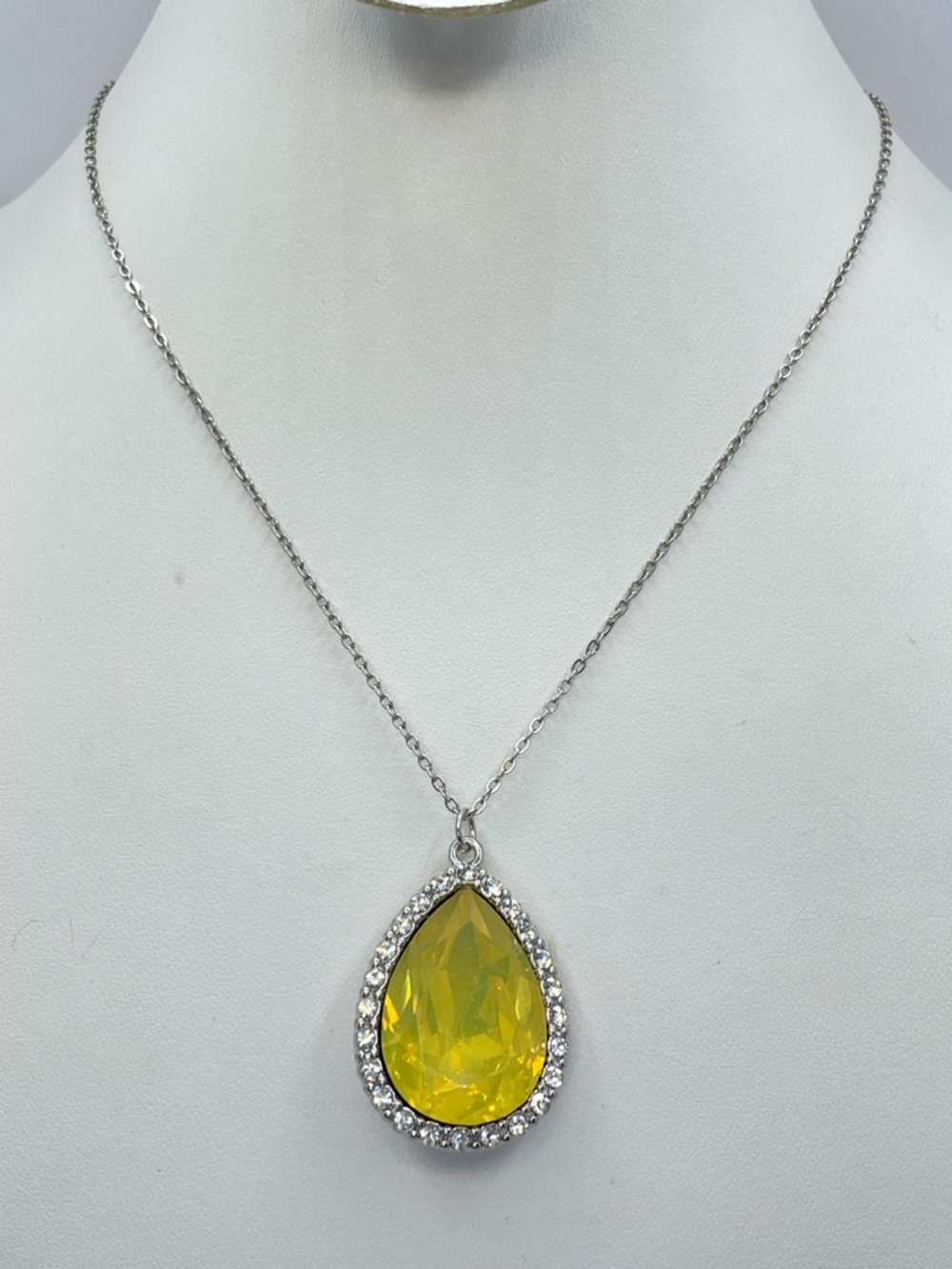 Yellow Crystal Teardrop Pendant Necklace Silver Tone Halo Dainty
